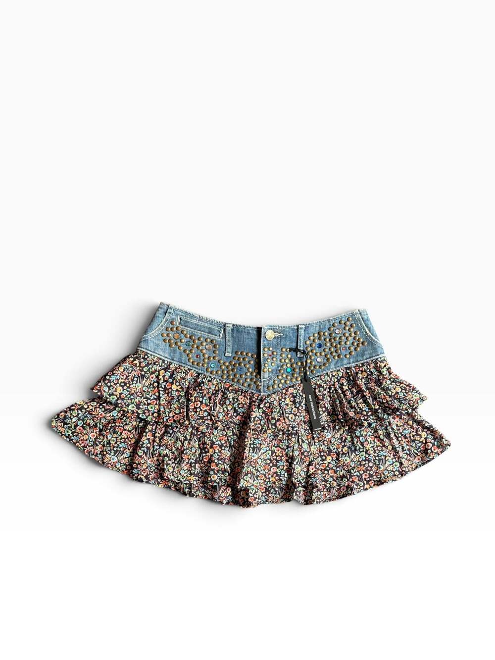 Express Jeans Studded Denim and Floral Ruffle Tiered Mini Skirt